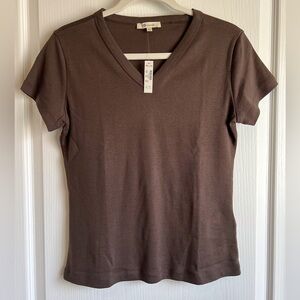 NWT Madewell V-Neck Fitted Baby Tee in Compact Cotton Roasted Chicory Brown L